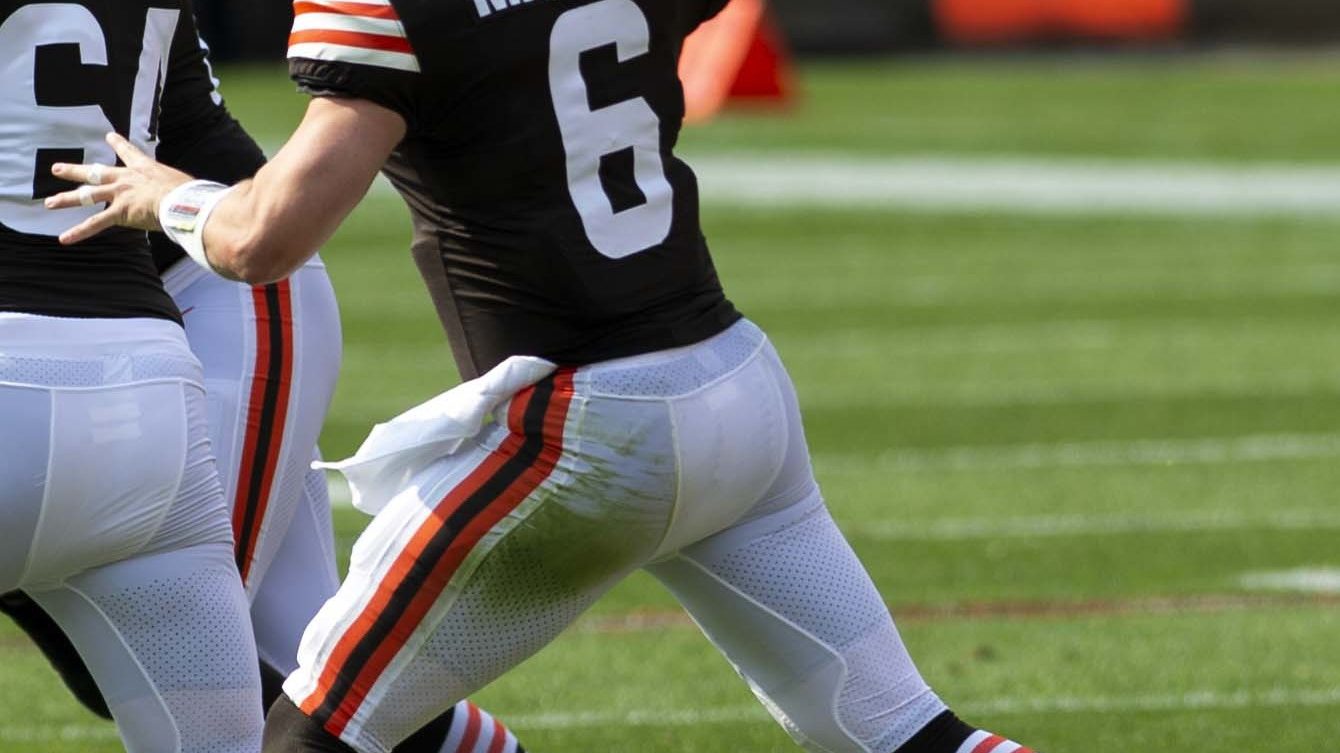 Baker Mayfield during a Cleveland Browns game in September 2020 — his daughter Kova, born in April 2024, is 2 years old in 2026