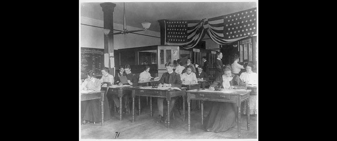 Thematic illustration: a classroom with desks
