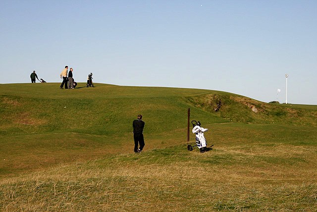 Thematic illustration: a golf course with caddy and clubs