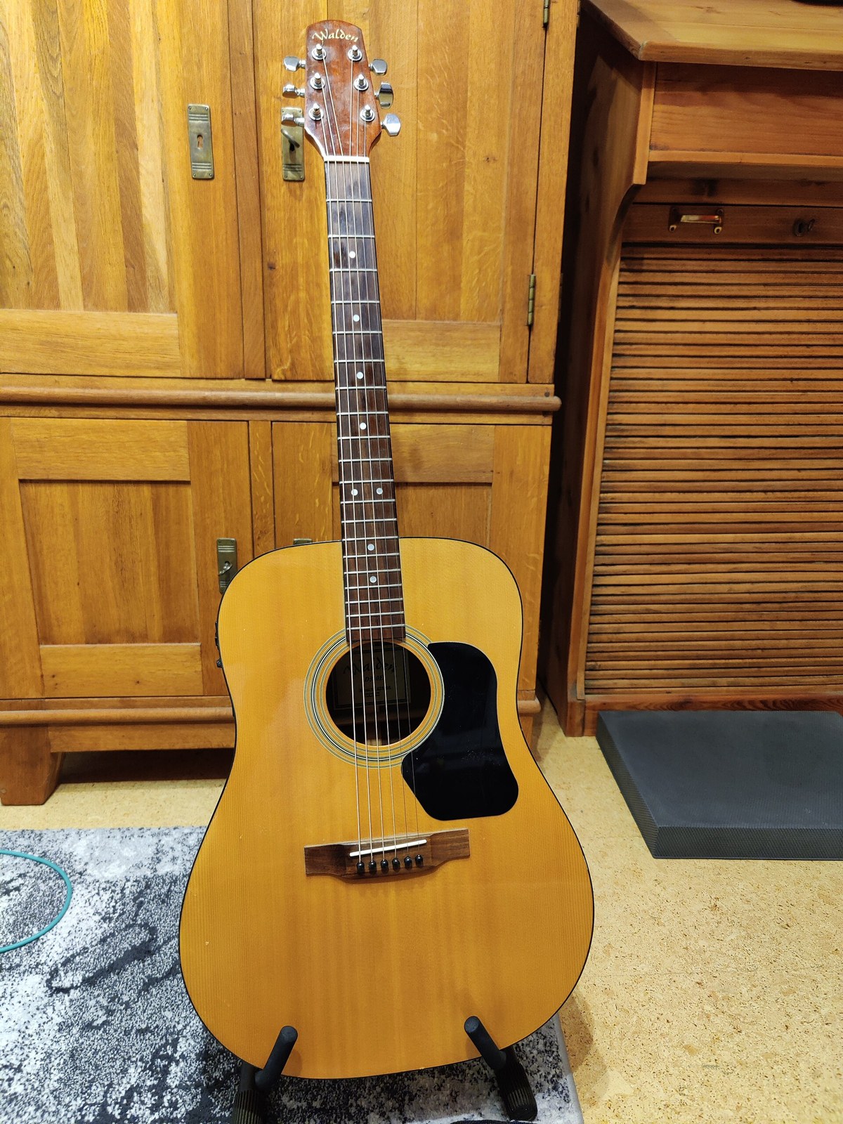 Thematic illustration: acoustic guitar and microphone on stage